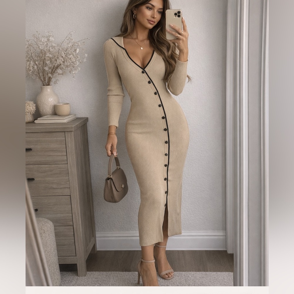 Ribbed Knit Midi Dress. Beige Black Trim Gold Button Front Long Sleeve. NWT.
